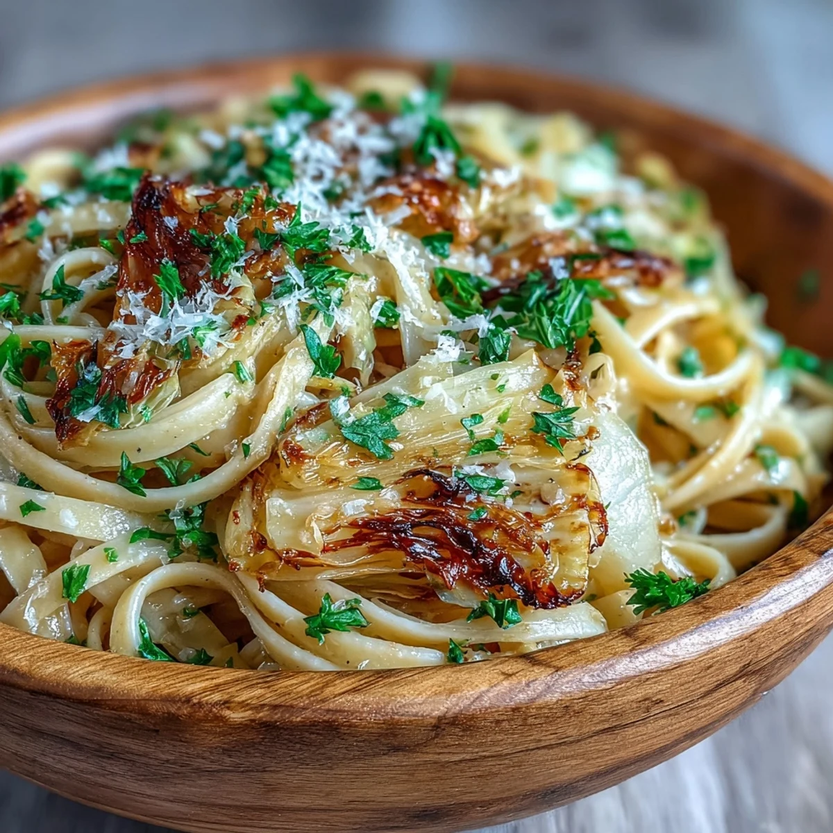 Plate of Cabbage Pasta With Garlic and Parmesan, featuring golden caramelized cabbage and spaghetti tossed in a light, cheesy sauce.