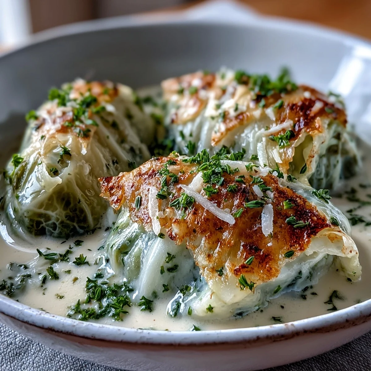 Steamed green cabbage wedges bathed in a creamy Parmesan broth, topped with fresh herbs.