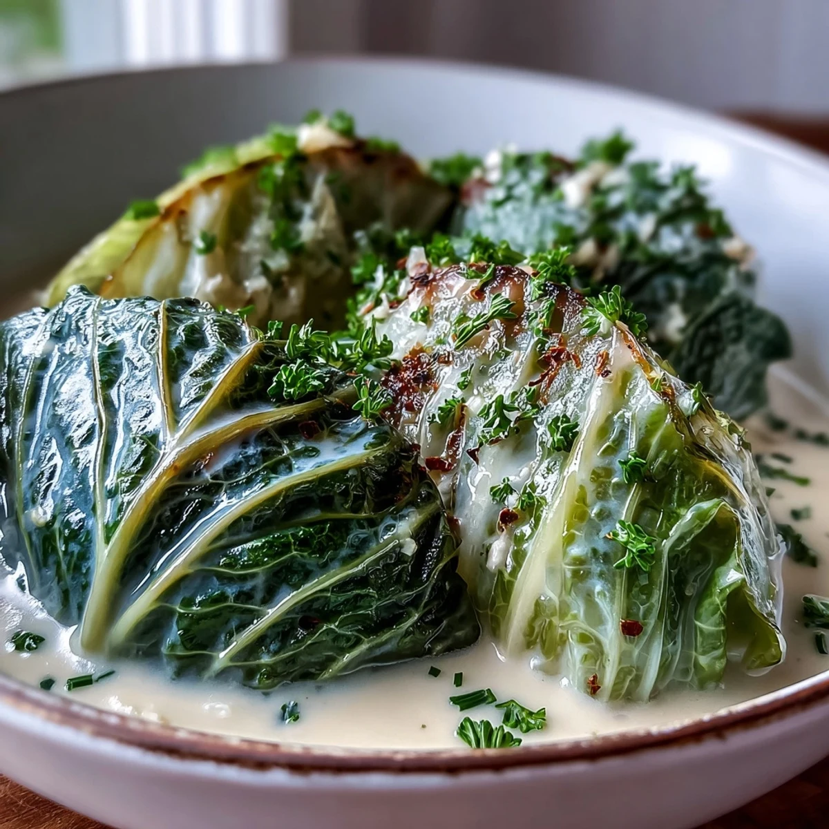 Golden cabbage wedges simmer in a savory Parmesan broth, garnished with fresh chives and parsley.