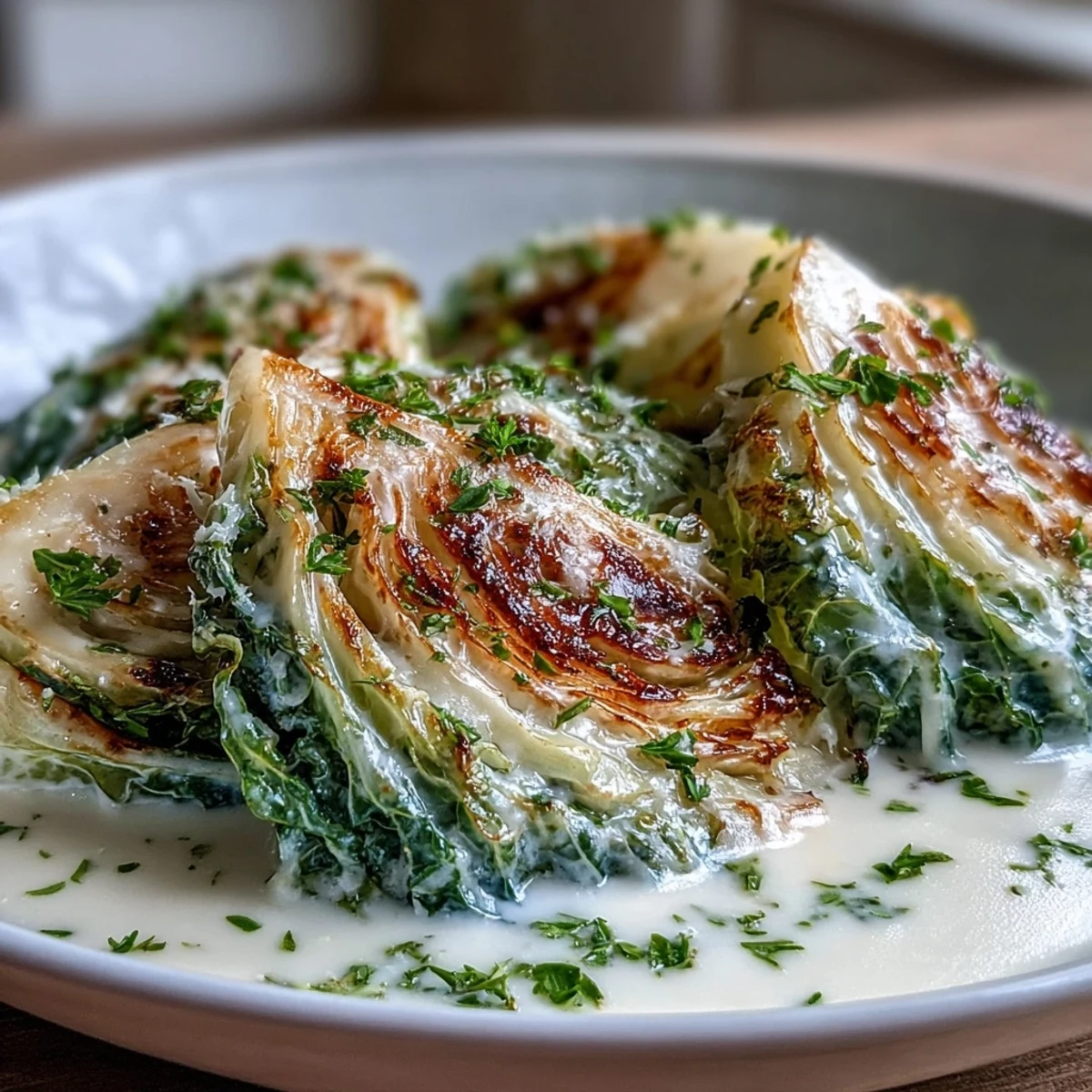 Spoon-tender Herby Cabbage in Parmesan broth, served in a shallow bowl with extra Parmesan.