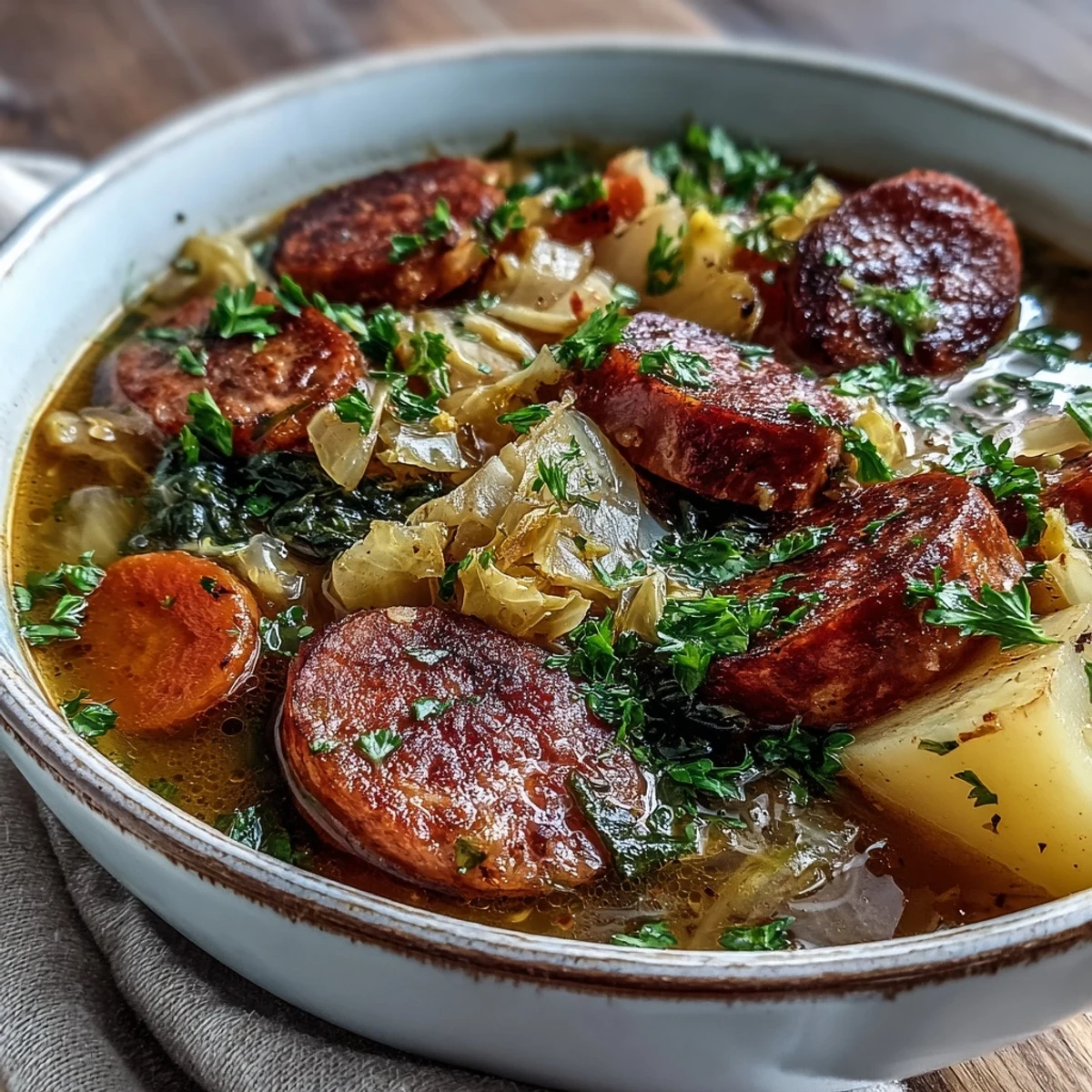 Fork-tender potatoes and green cabbage swim in a rich broth with smoked sausage slices.