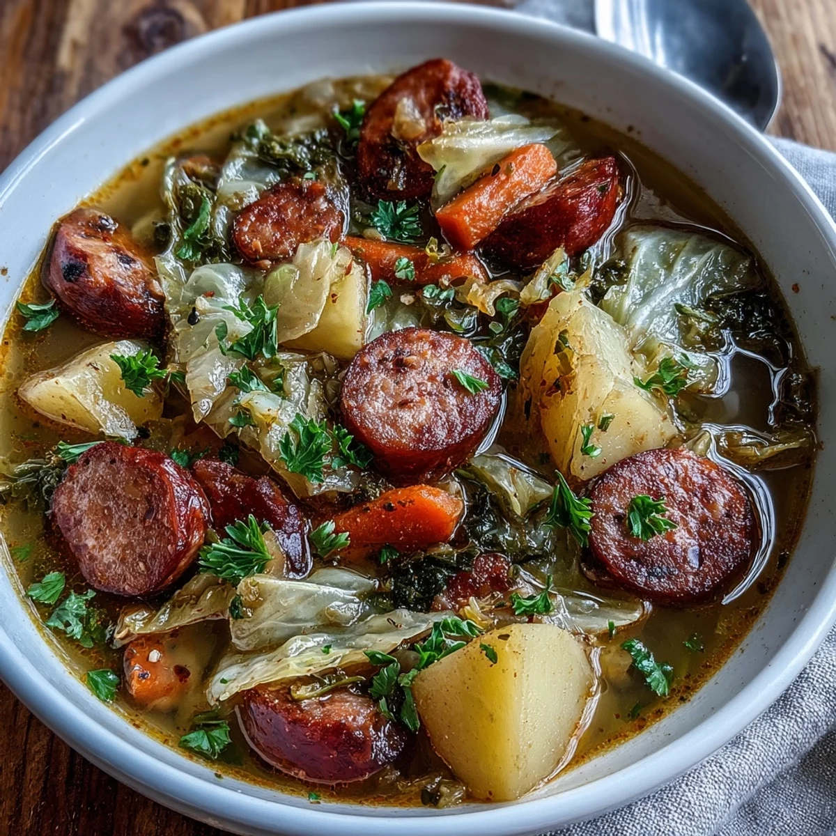 Steaming bowl of rustic soup featuring savory kielbasa, carrots, celery, and chunky potatoes.
