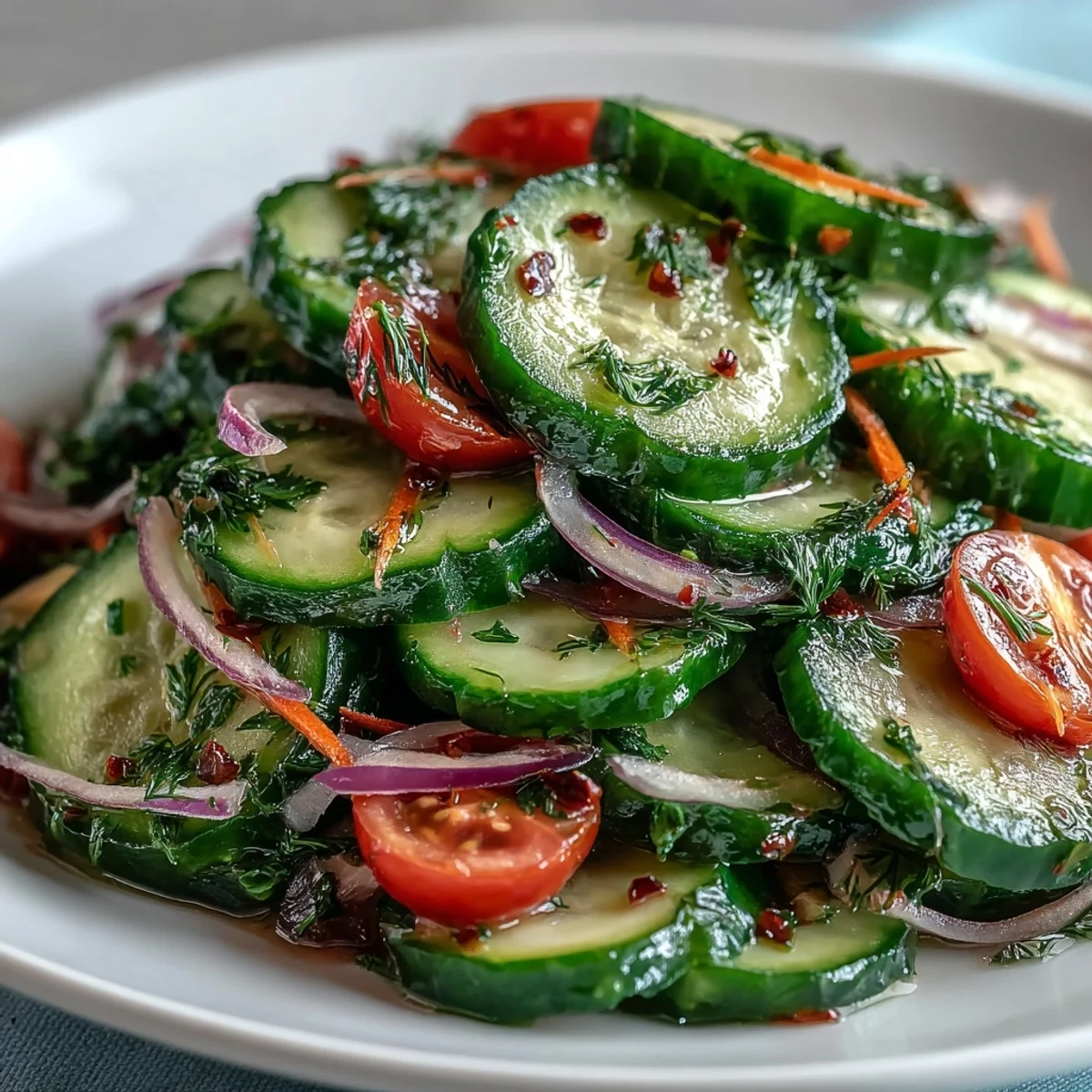 Bright bowl of Refreshing Crunchy Cucumber Salad, served chilled and garnished with sesame seeds, perfect for a light vegetarian lunch side.