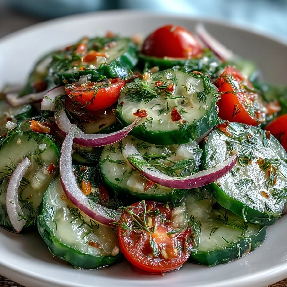 Vibrant, gluten-free Refreshing Crunchy Cucumber Salad with crisp cucumbers and red onion tossed in a tangy, sweet vinaigrette dressing.
