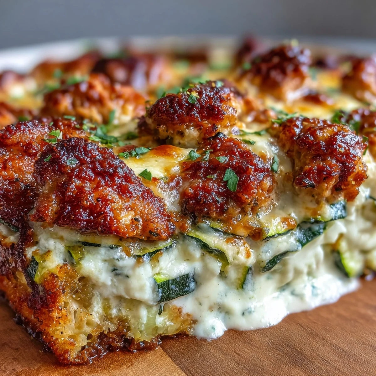 Freshly baked High Protein Chicken Zucchini Bake with golden, bubbling mozzarella and Parmesan cheese in a ceramic dish.