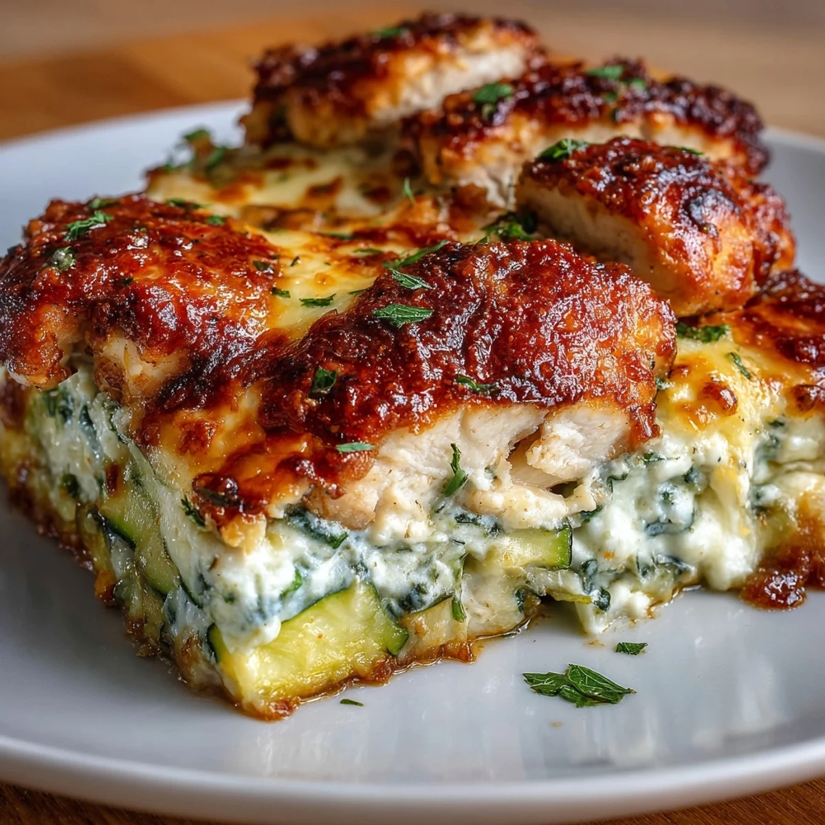 Sliced serving of High Protein Chicken Zucchini Bake on a white plate, garnished with fresh parsley.