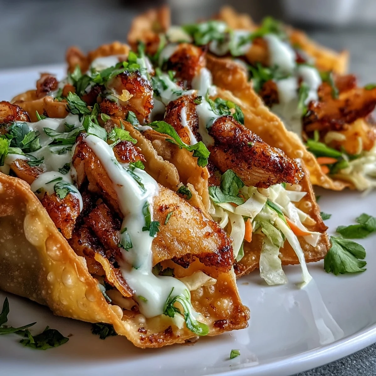 Golden, crunchy wonton shells stuffed with ginger-marinated chicken and smoky spices, topped with tangy slaw and creamy sriracha mayo.