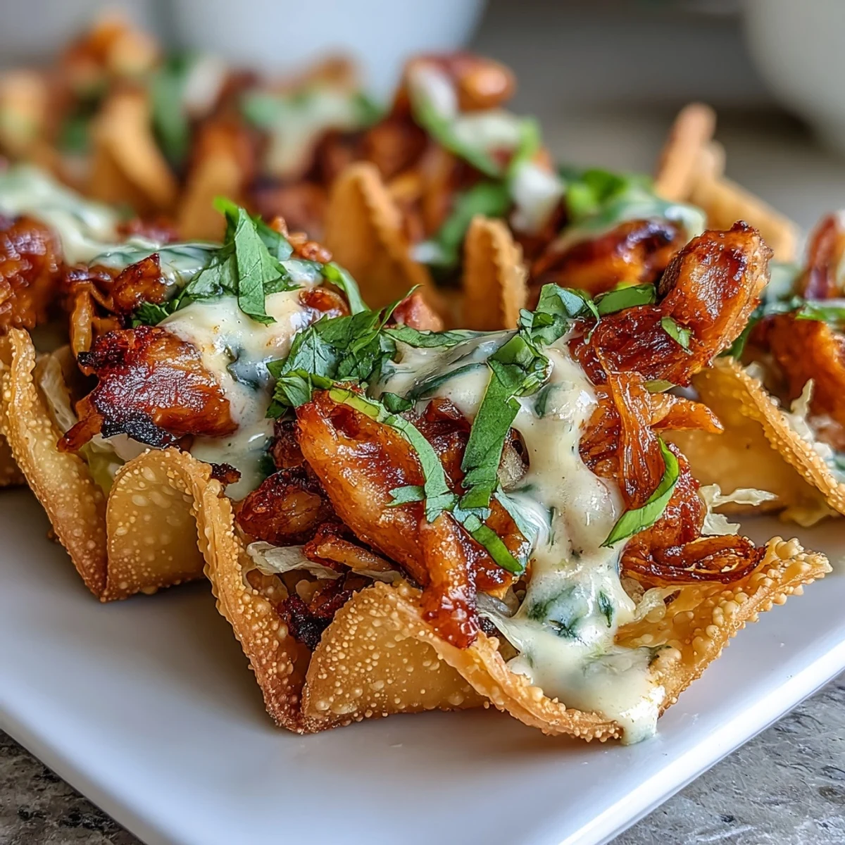 Crispy Chicken Wonton Tacos ready to serve, garnished with fresh cilantro and lime wedges for a bright squeeze.