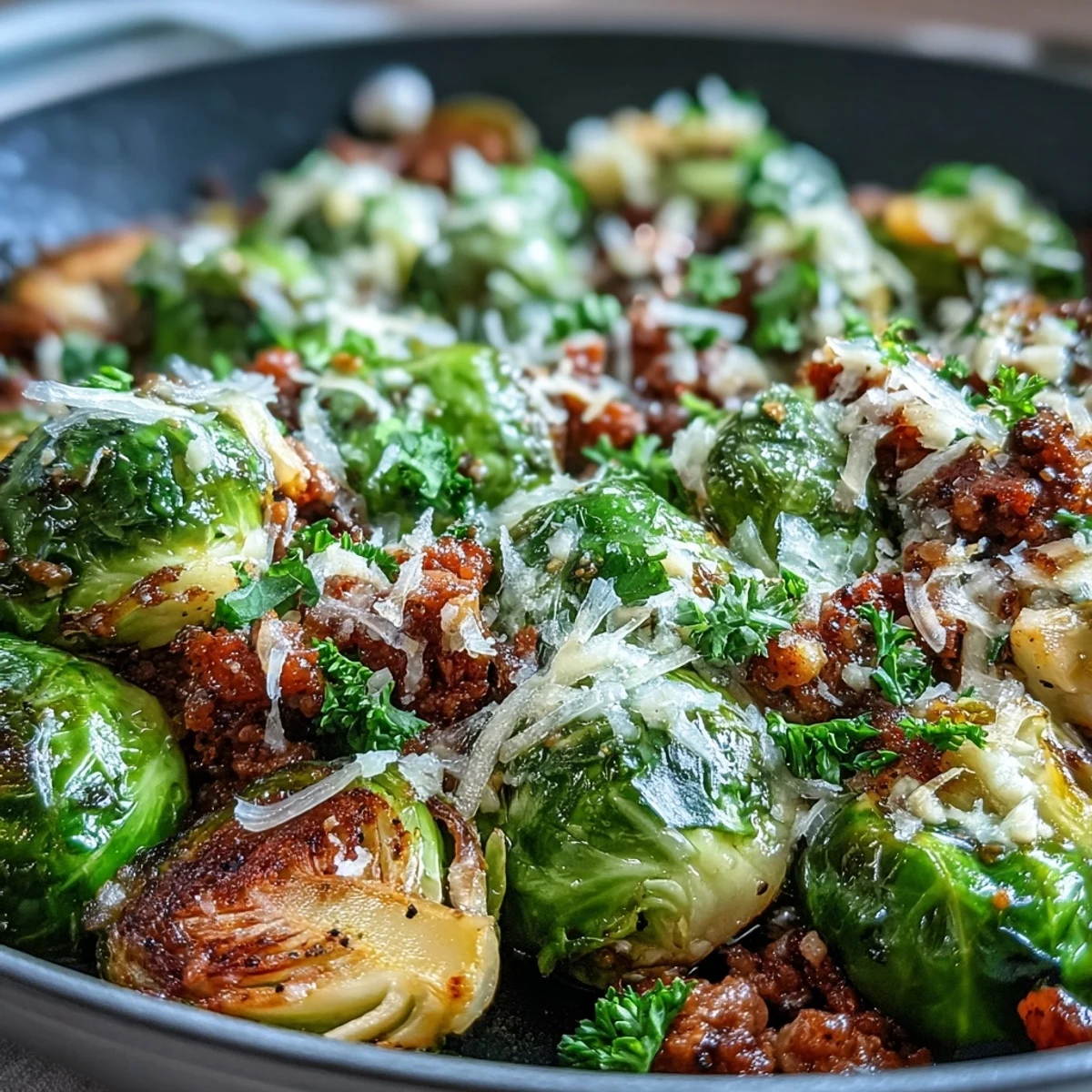 Brussels Sprouts & Ground Turkey Skillet sizzles in a pan with golden-brown sprouts, finished with fresh parsley and lemon.