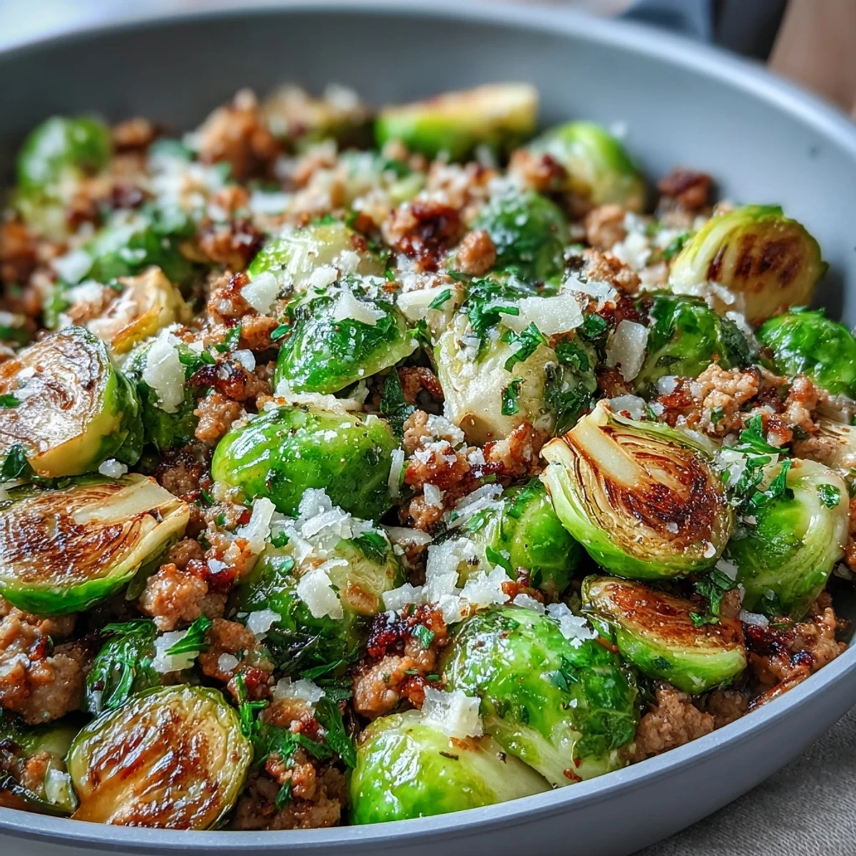Brussels Sprouts & Ground Turkey Skillet served steaming from a cast-iron skillet, featuring seared sprouts and savory turkey.