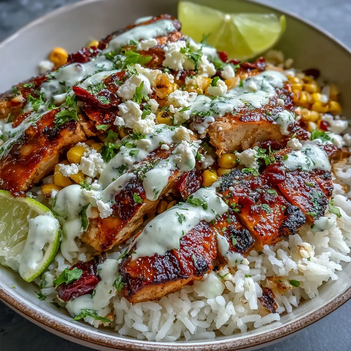 Golden-brown Street Corn Chicken and Rice Bowls served in a rustic bowl with lime wedges and a colorful spoon.