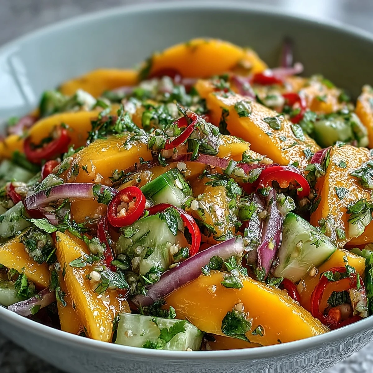 A close-up of the Refreshing Mango Salad shows juicy mango ribbons, thin red onion slices, and glistening lime dressing, offering a vibrant, tangy, and sweet bite.  