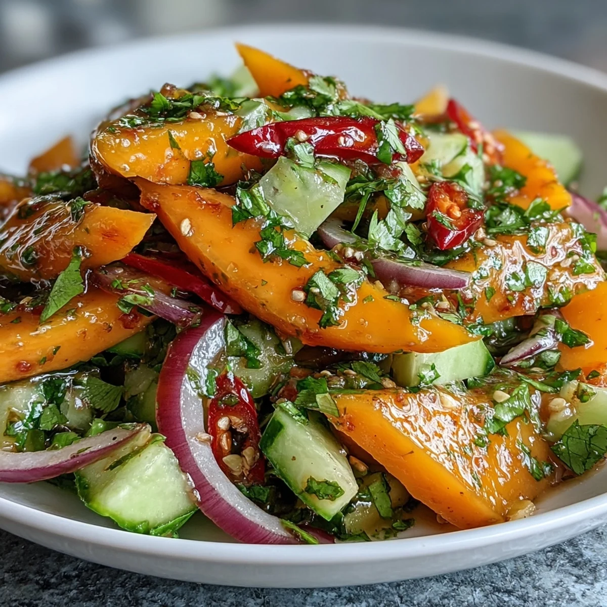 Plated on a white dish, the Refreshing Mango Salad features colorful mango, peppers, and cilantro, with a lime wedge on the side for an extra citrusy finish.