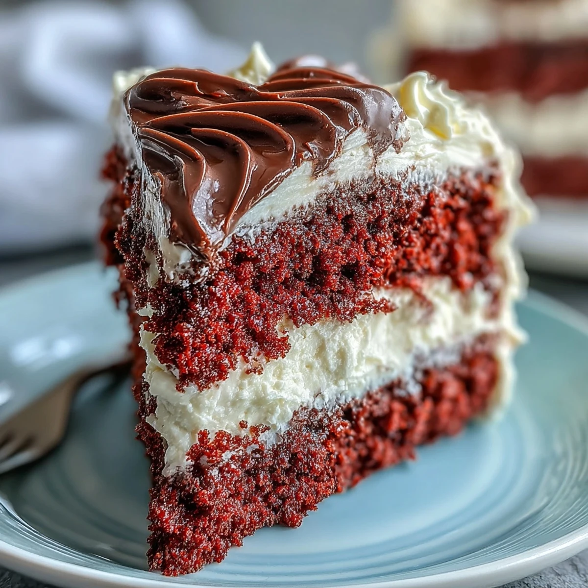 A vibrant slice of Red Betty Boop Heart Cake reveals soft red crumb layers, swirled with tangy cream cheese frosting and crowned by a crisp dark chocolate silhouette.
