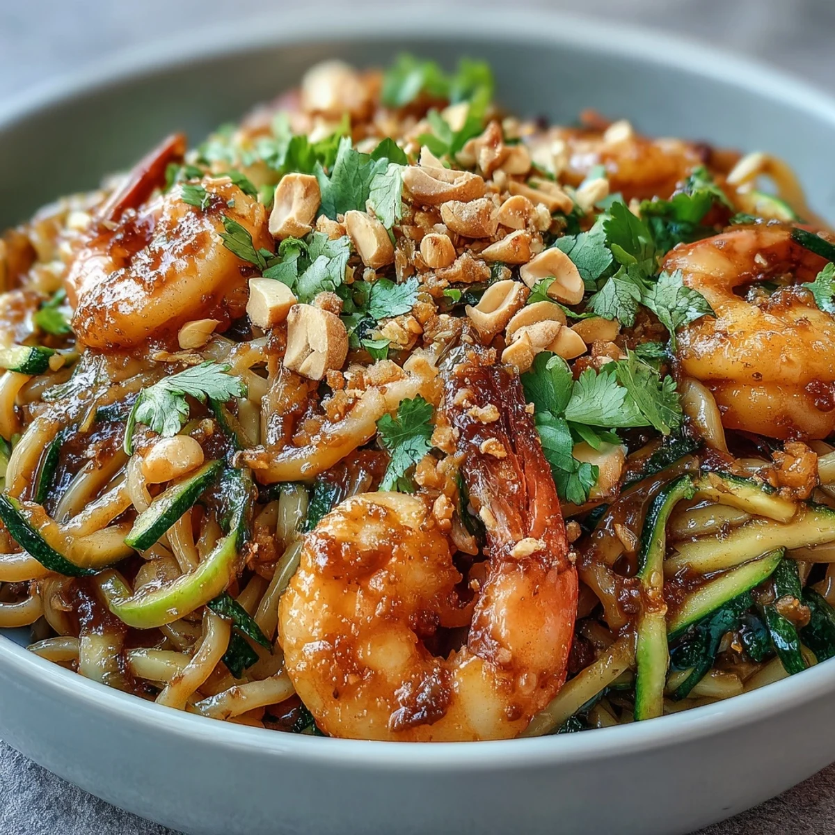Steamed shrimp and julienned vegetables tossed with rice noodles in a savory Asian sauce in a bowl.