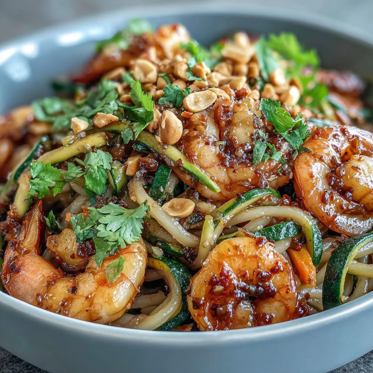 Vibrant stir-fried Asian Noodle Bowl featuring shrimp, crisp veggies, and a zesty lime soy dressing.