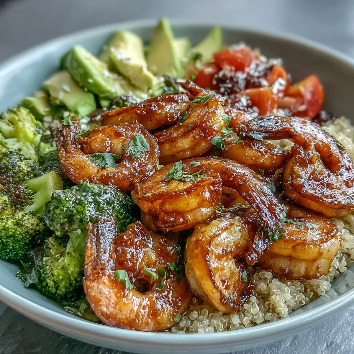 Vibrant Rainbow Vegetable Detox Bowl features sautéed shrimp, blanched broccoli, and creamy avocado slices over fluffy quinoa.