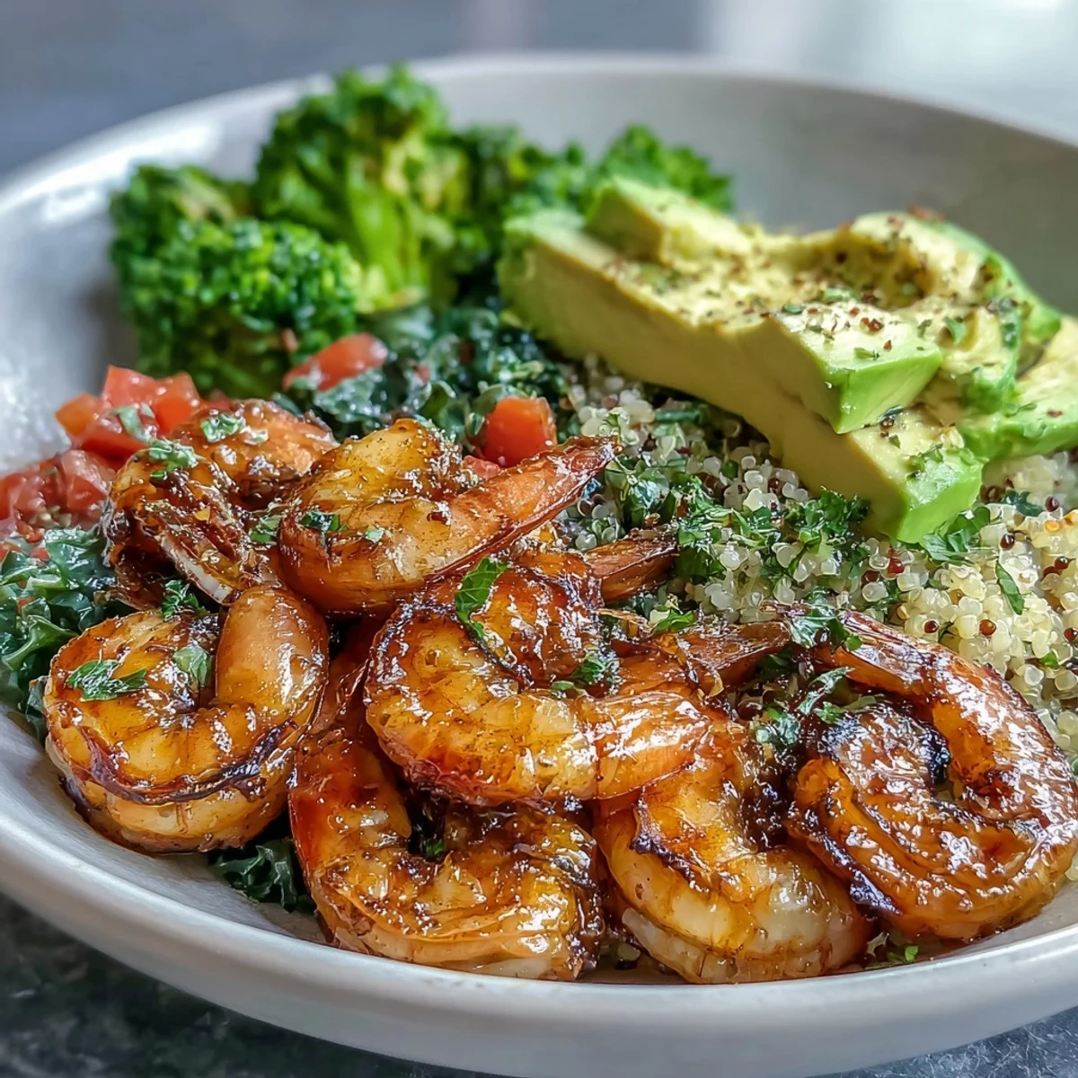Healthy Rainbow Vegetable Detox Bowl served fresh with bright vegetables and plump shrimp, perfect for a quick gluten-free lunch.