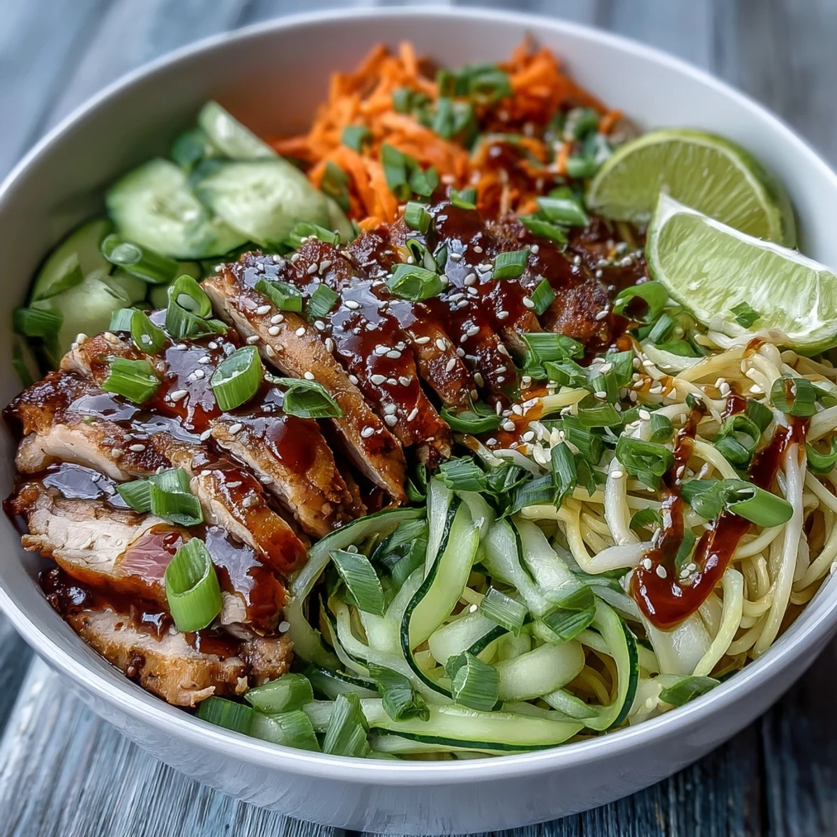 Tender chicken and crisp veggies over rice noodles in an Asian Chicken Noodle Bowl, drizzled with savory-sweet sauce.