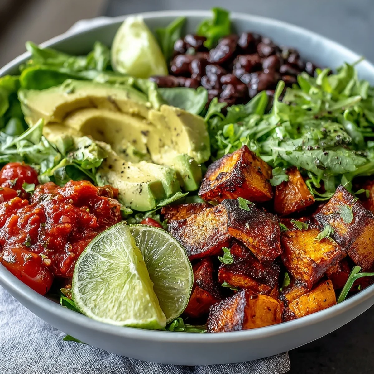 Bright lime dressing drizzles over a colorful Sweet Potato and Black Bean Bowl filled with roasted veggies, black beans, salsa, and avocado.
