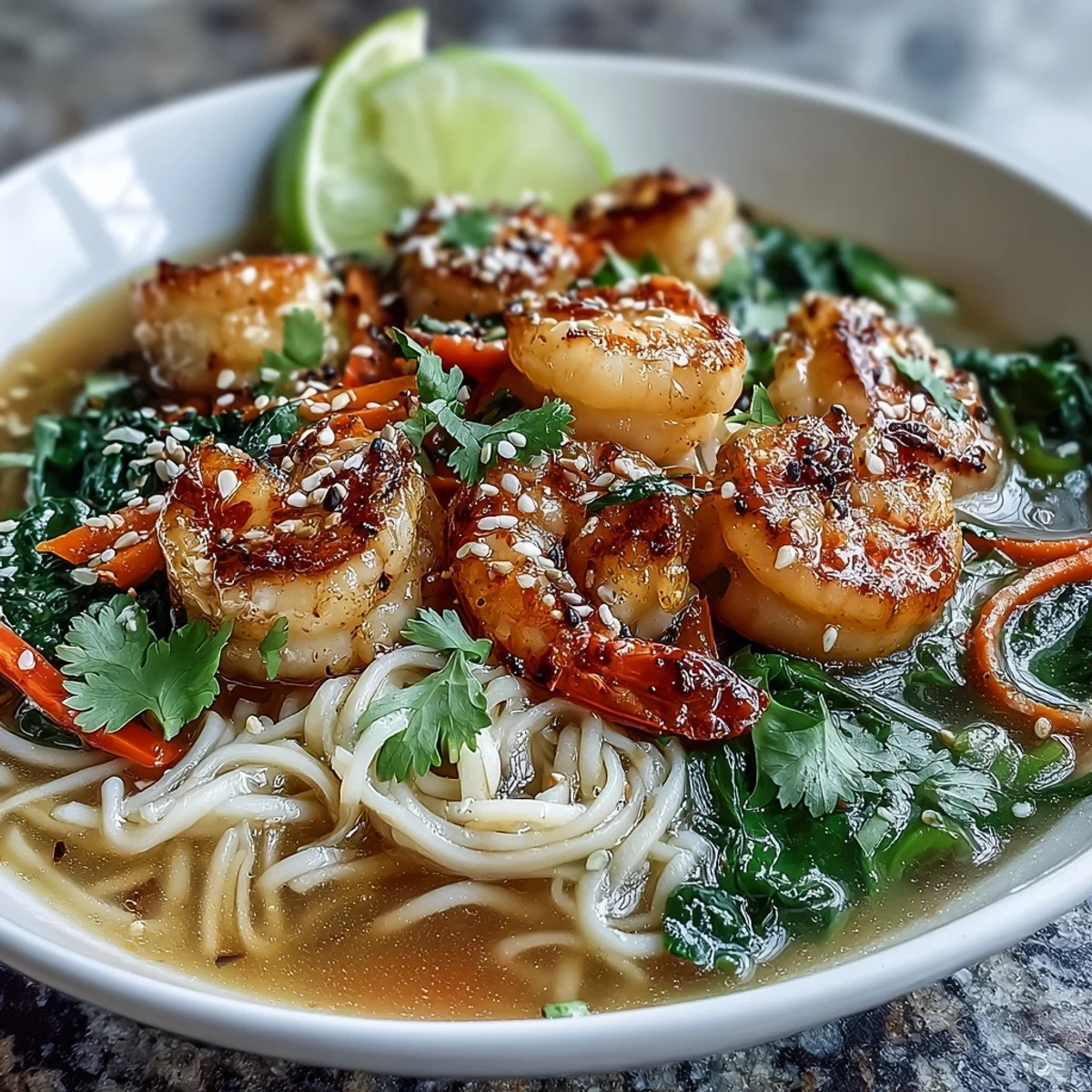 Steaming Asian Noodle Bowl with Shrimp and Scallops in savory broth, topped with crisp vegetables and sesame seeds.
