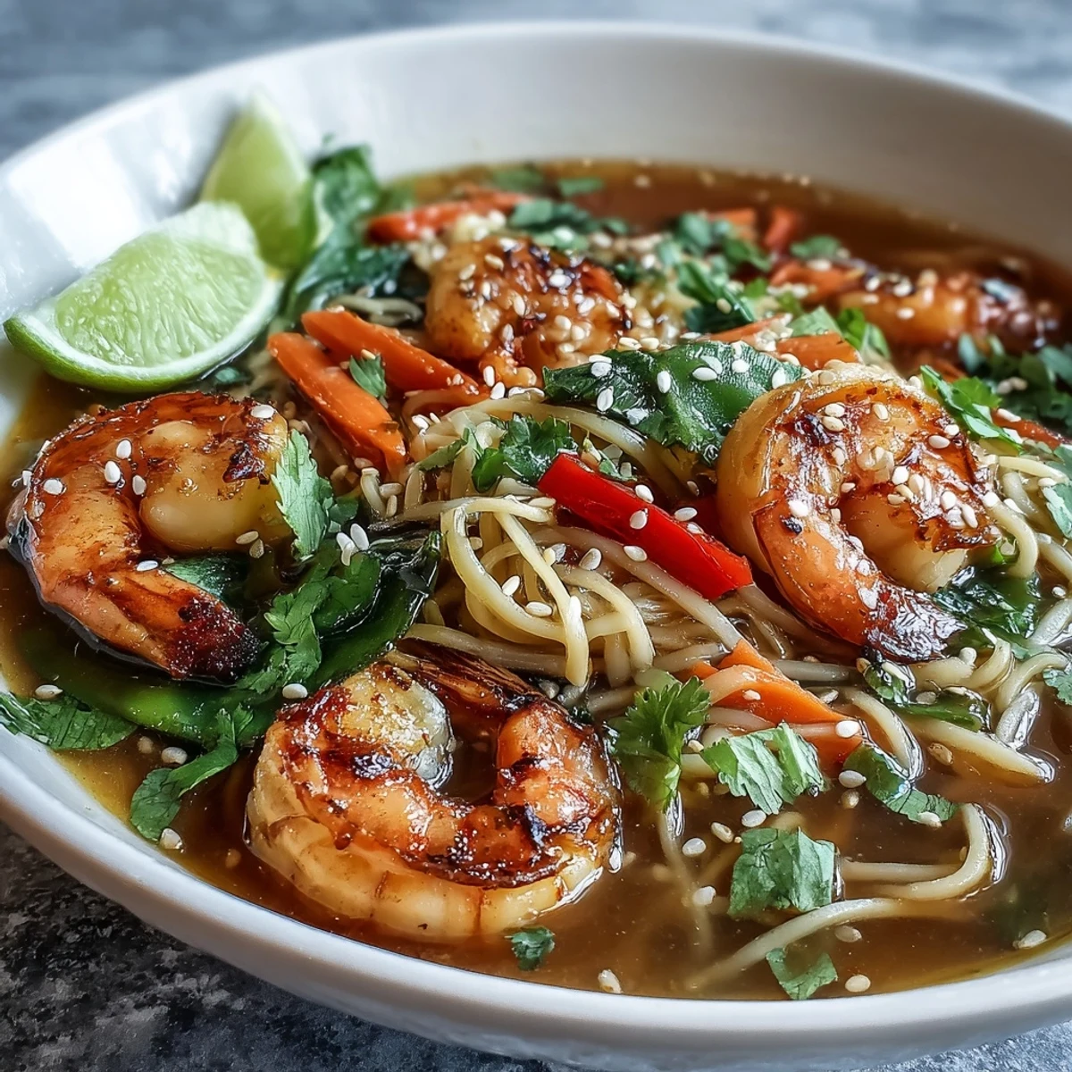 Close-up of tender shrimp and scallops in Asian Noodle Bowl with vibrant carrots, bell peppers, and bok choy.
