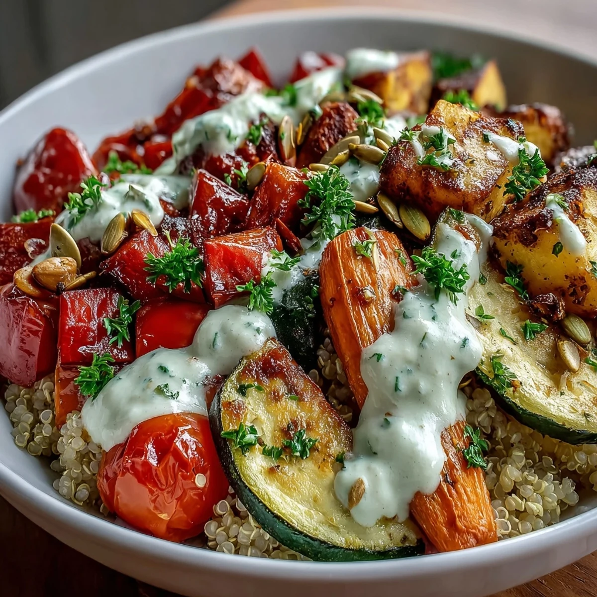 Golden roasted vegetables like red bell pepper and zucchini rest on fluffy quinoa, drizzled with creamy tahini sauce and fresh parsley.