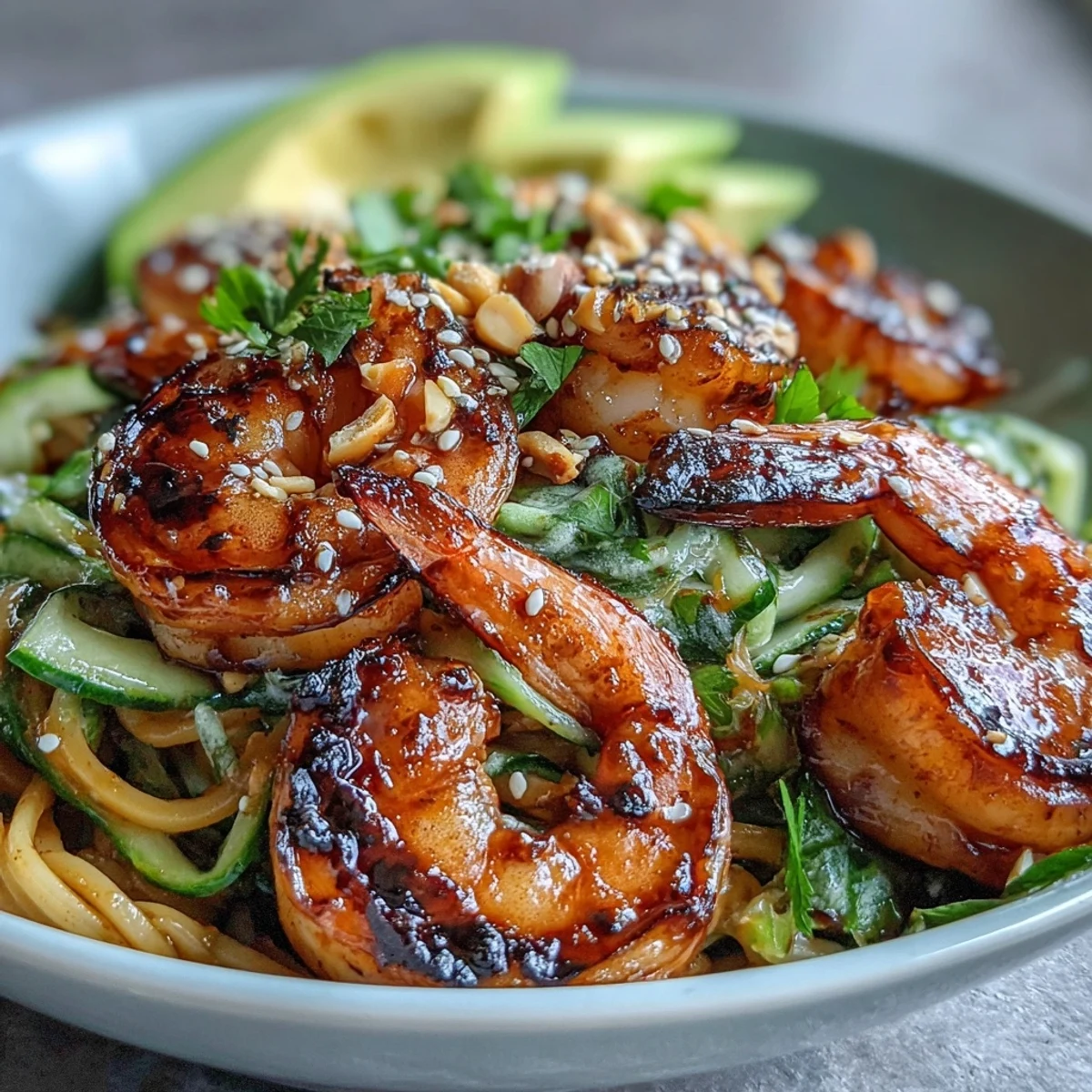 Grilled shrimp and Asian noodle bowl with charred crusts, creamy avocado, crisp cucumbers, and chopped peanuts for a refreshing main dish.