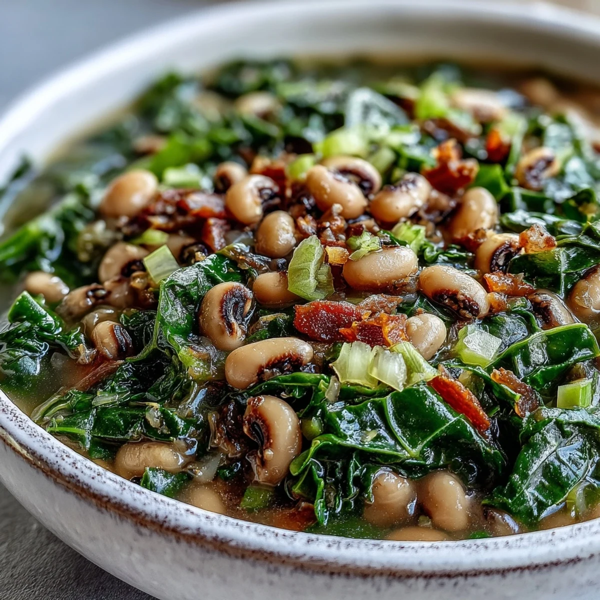 Steaming bowl of Black-Eyed Peas With Collard Greens served with a wedge of golden cornbread for a Southern meal.