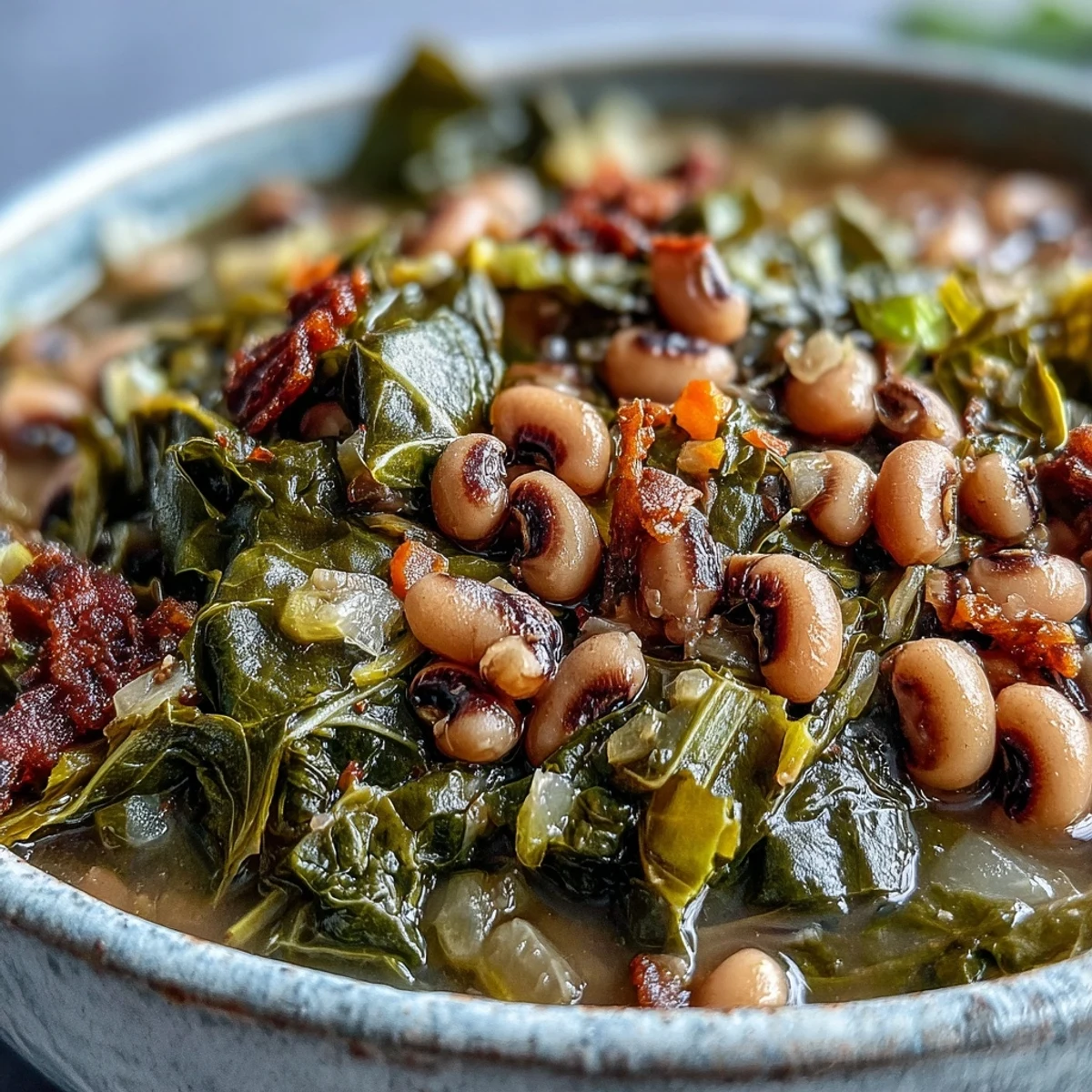 Close-up of Black-Eyed Peas With Collard Greens and cornbread, highlighting the hearty greens and beans in a savory broth.