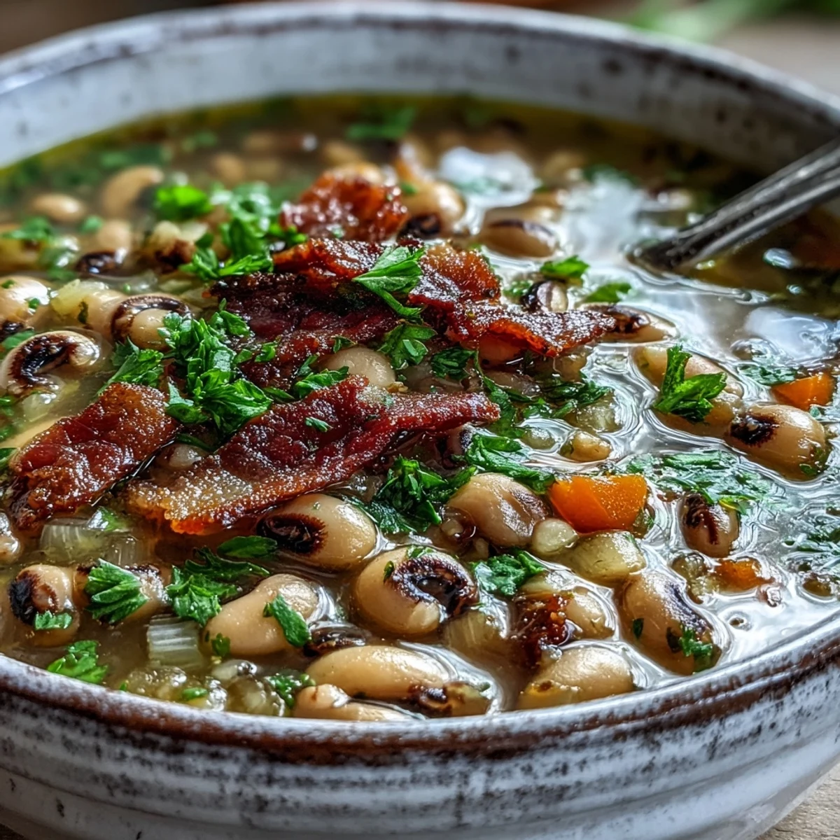 Fragrant Black-Eyed Peas and Bacon Soup simmers in a pot with diced carrots and celery.