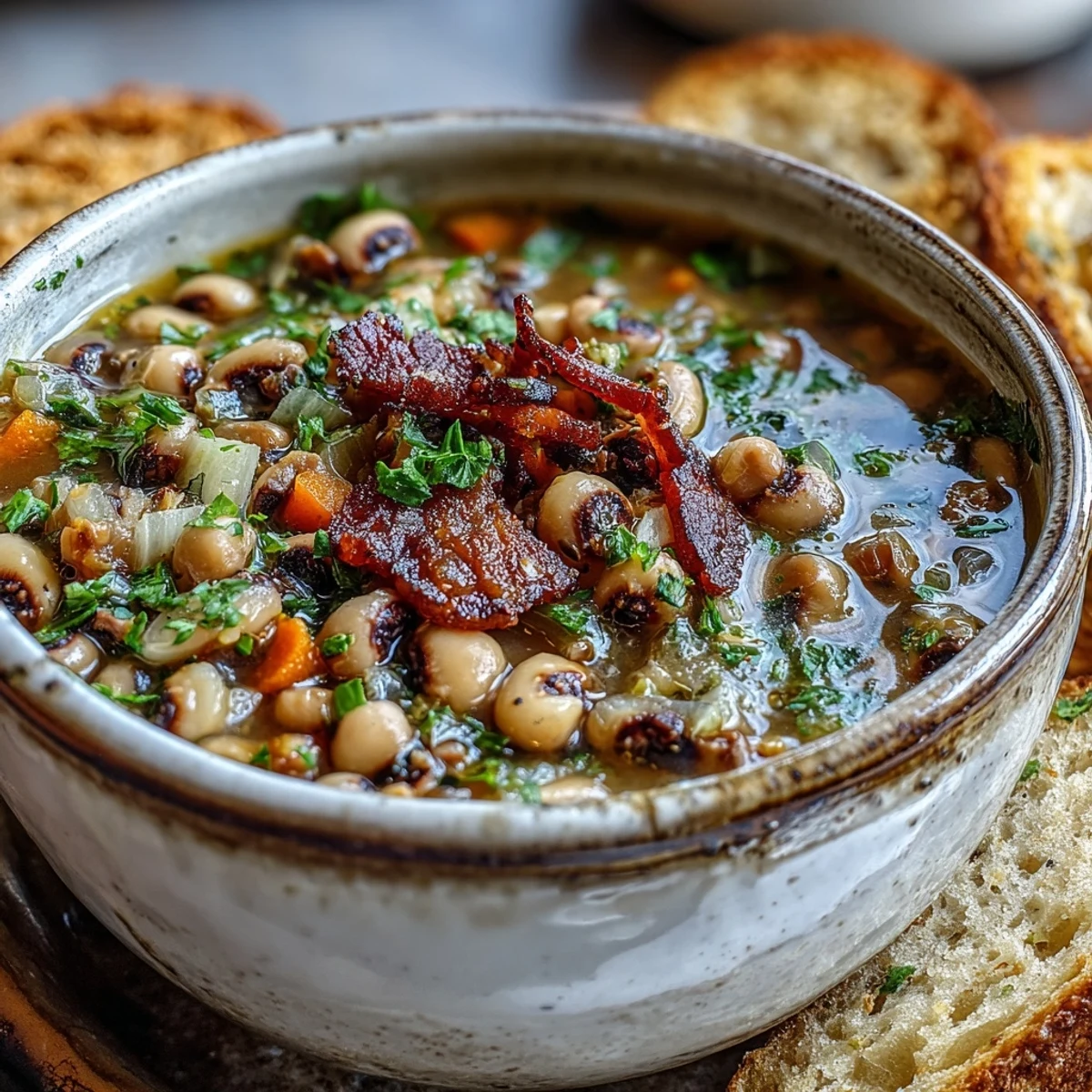 Rustic Black-Eyed Peas and Bacon Soup served with golden cornbread slices on a wooden table.