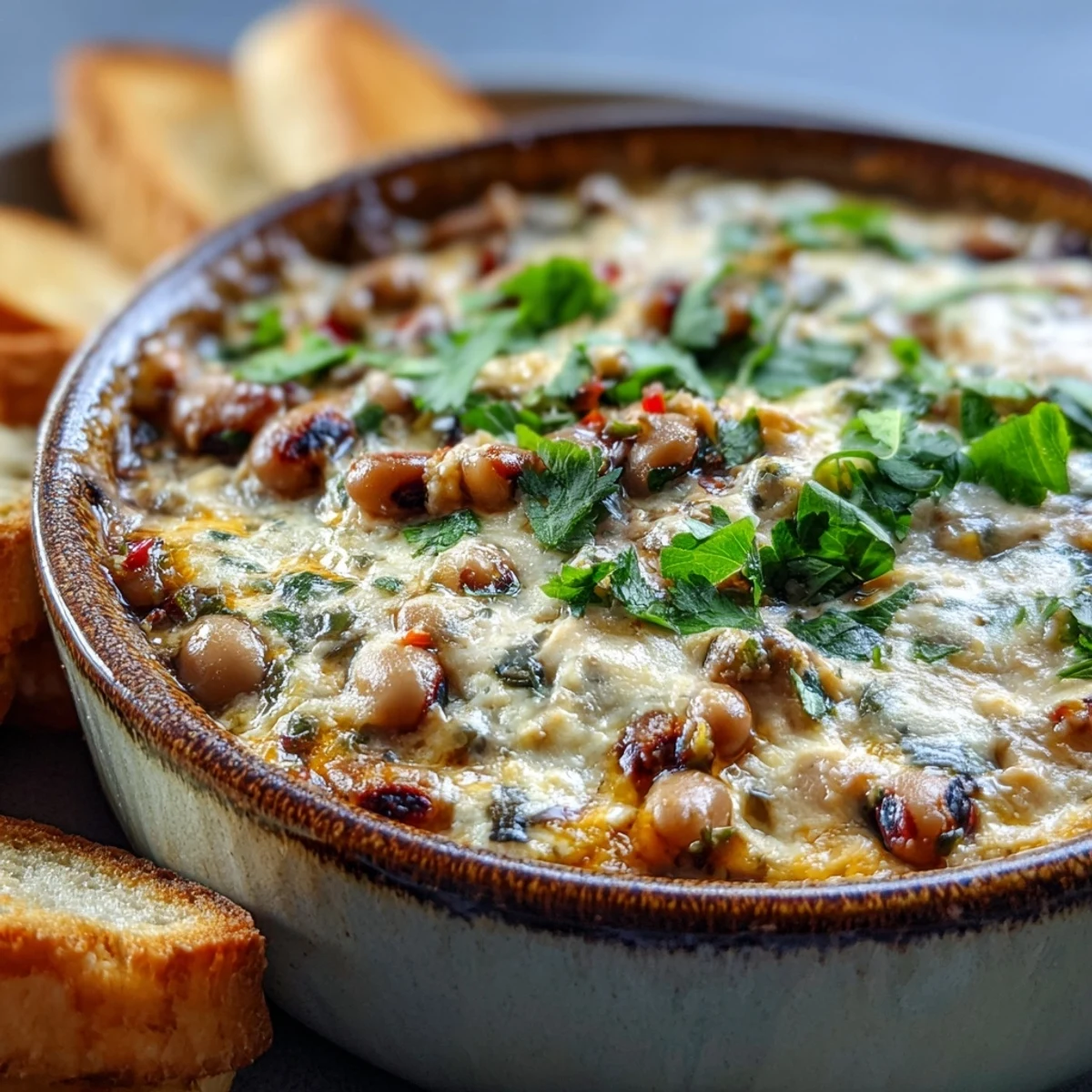 A baked ceramic dish of creamy Hot Black-Eyed Pea Dip, dotted with diced red onion and fresh cilantro garnish.