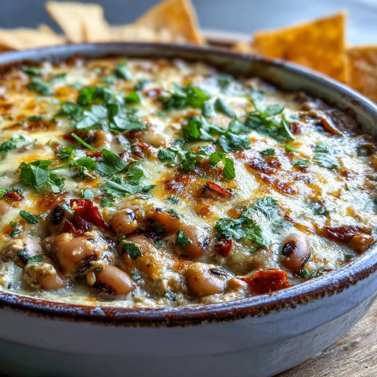Steaming Hot Black-Eyed Pea Dip with jalapeño and cumin, ready to scoop with colorful bell pepper strips and pita.