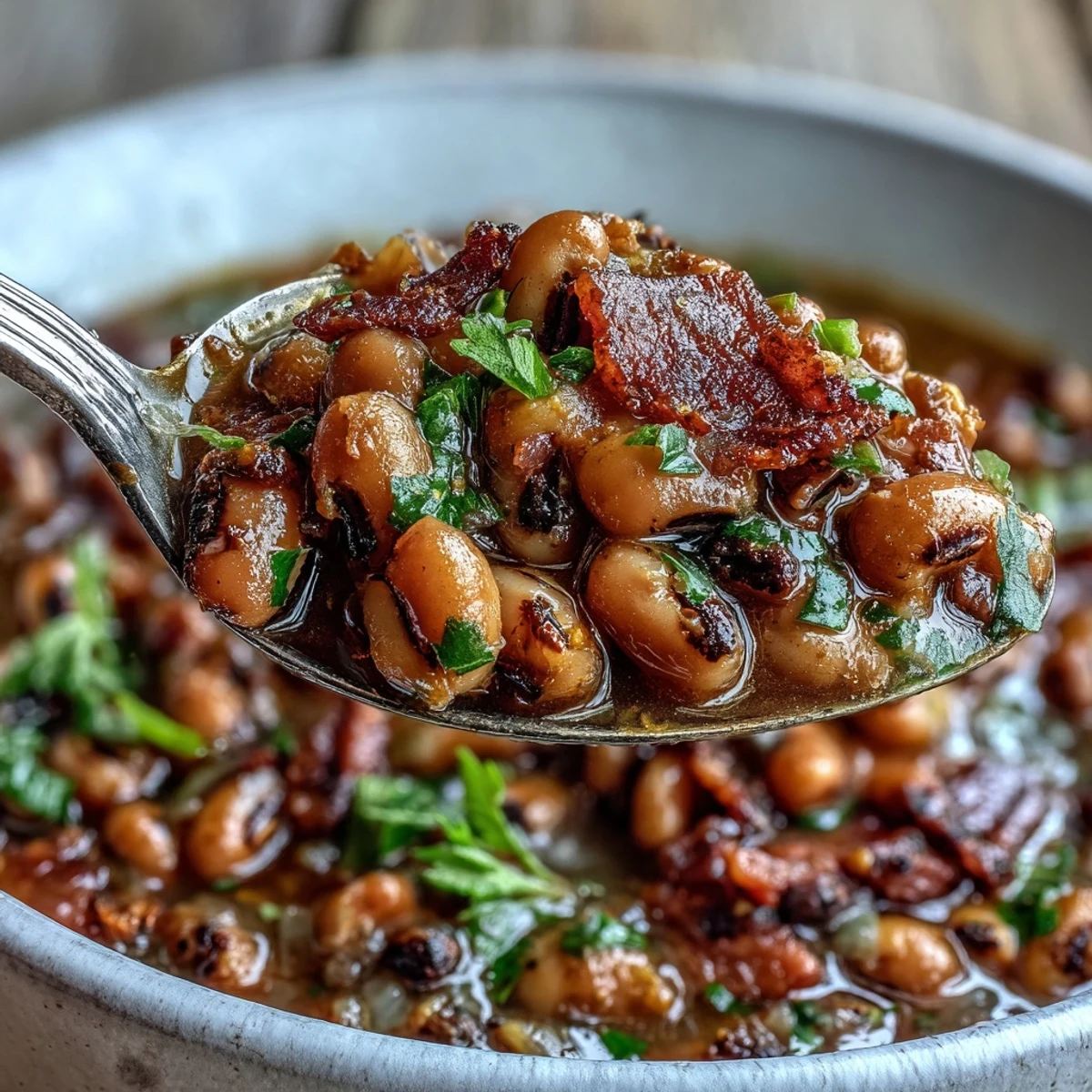 A hearty serving bowl of Big Pot of Texas Black-Eyed Peas alongside a wedge of golden cornbread for a classic Southern meal.