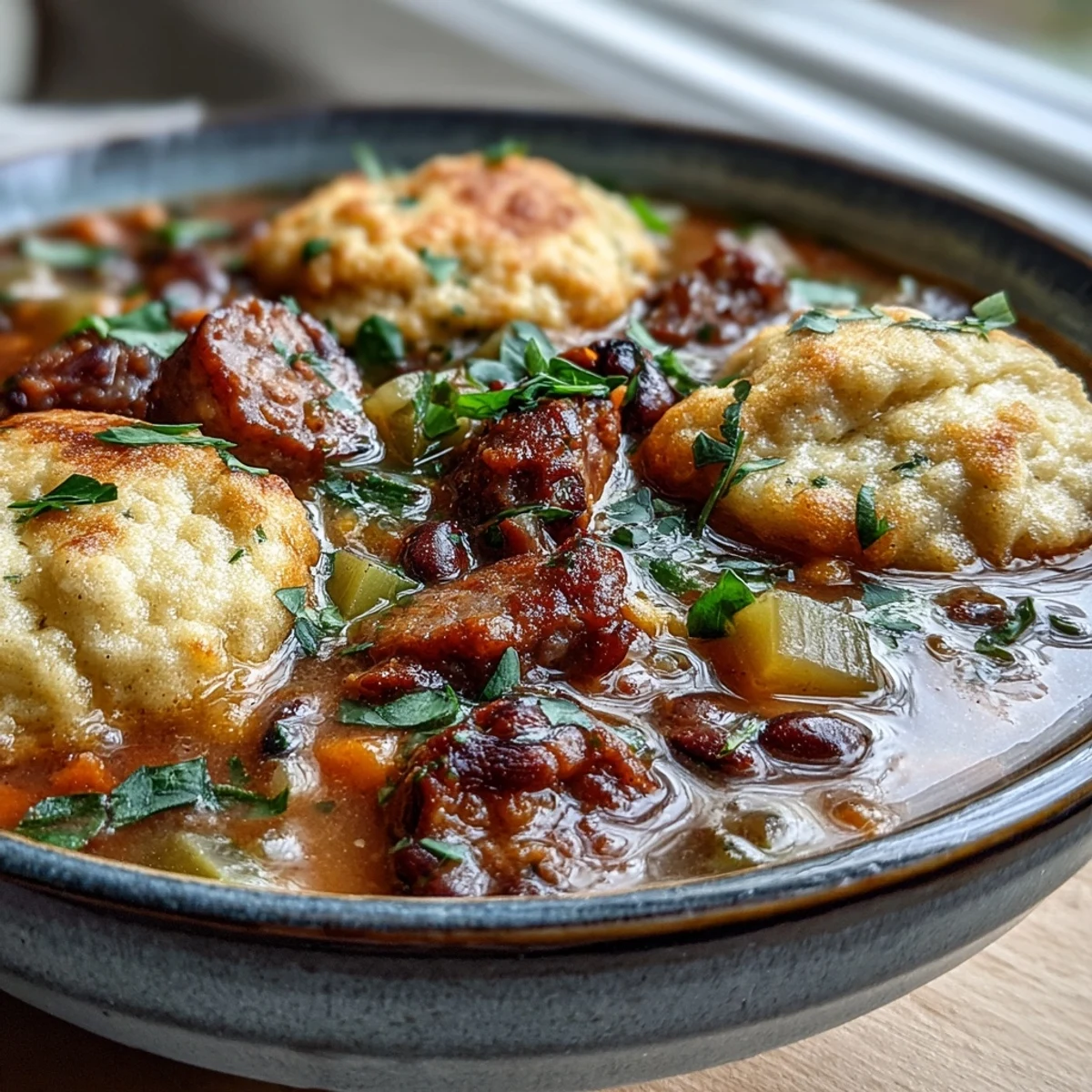 Fluffy cornmeal dumplings rest atop a hearty Black-Eyed Peas and Sausage stew simmering in a Dutch oven. 