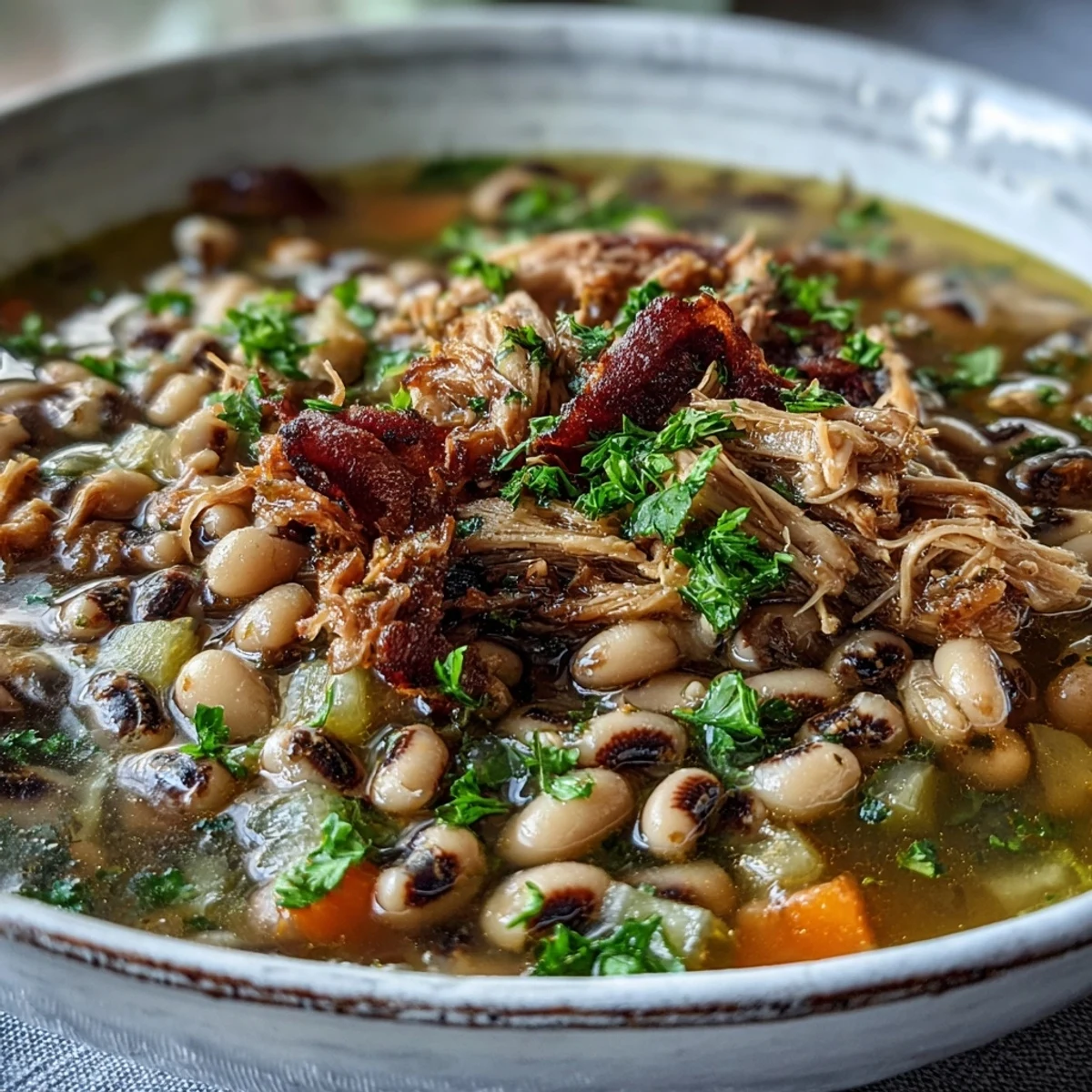 A bowl of Black-Eyed Peas With Smoked Turkey, garnished with fresh parsley and a dash of hot sauce.