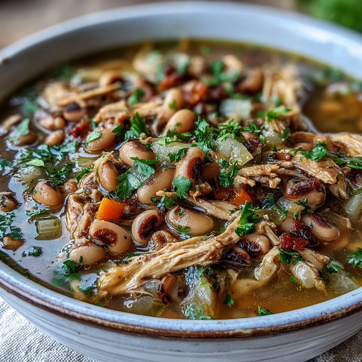 Steaming Black-Eyed Peas With Smoked Turkey served in a rustic bowl, ready for a nutritious Southern meal.