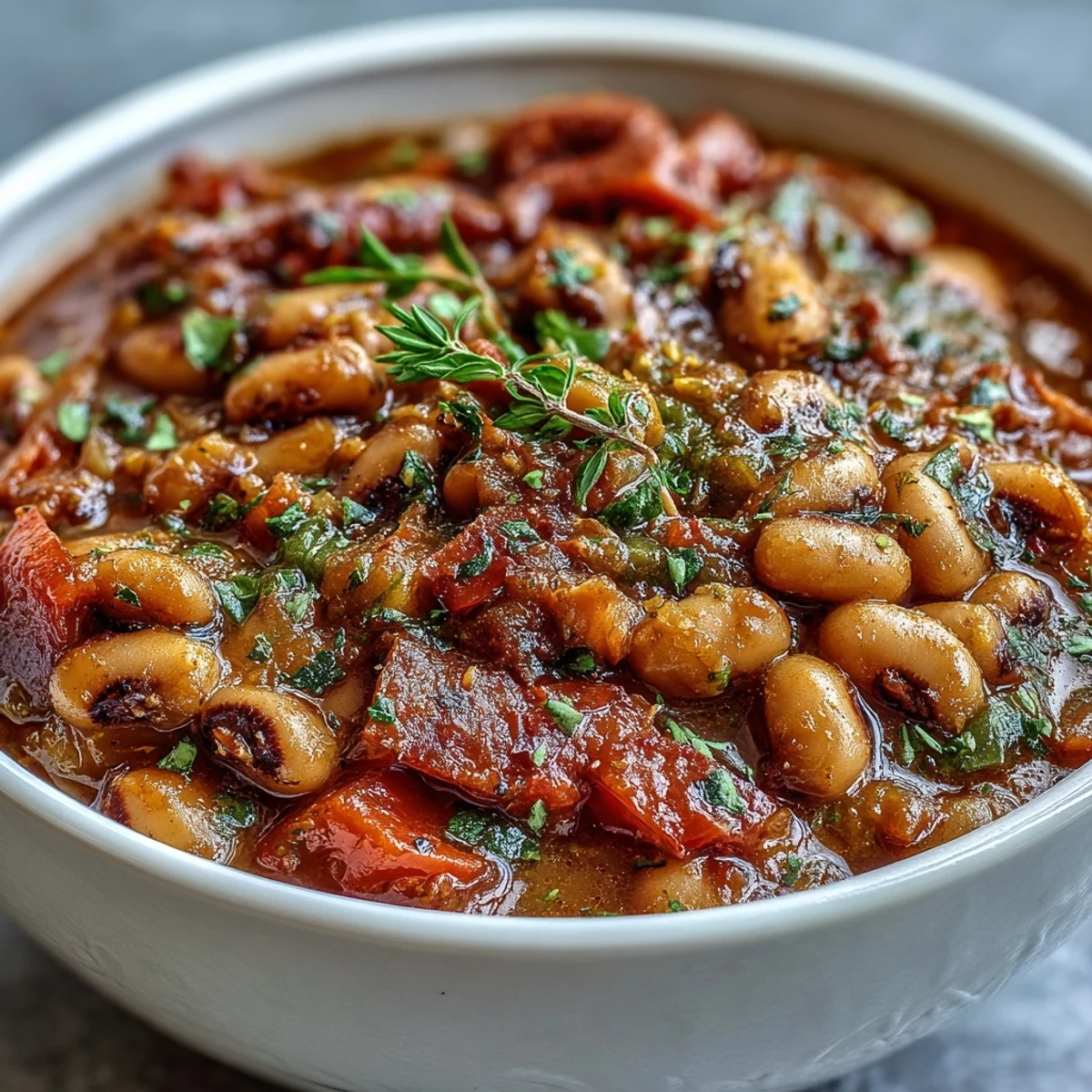 Tender Greek-Style Slow Cooker Black-Eyed Peas topped with feta, parsley, and a lemon wedge, served in a shallow bowl.
