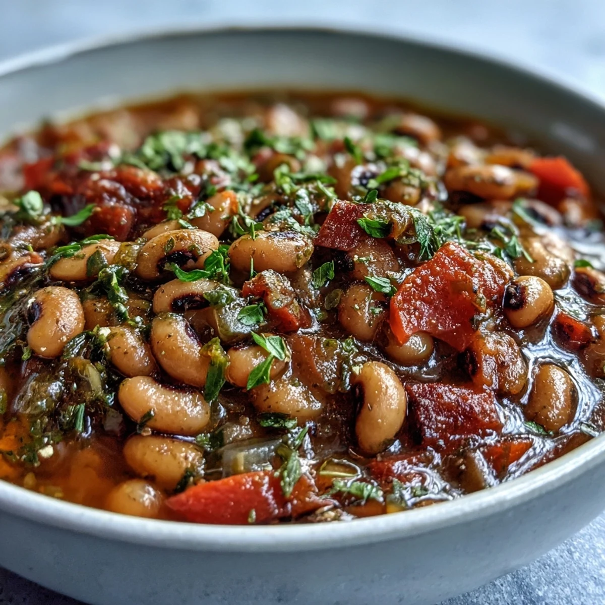 Vibrant vegetarian Greek-Style Slow Cooker Black-Eyed Peas stew with carrots, red bell peppers, and a swirl of olive oil.