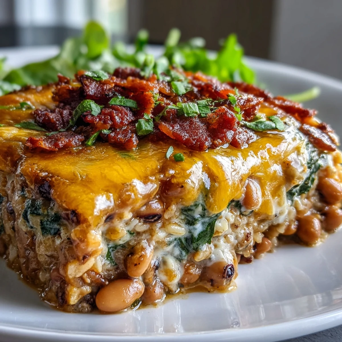 Close-up of Tex Mex Black Eyed Pea Casserole revealing tender spinach, black-eyed peas, and smoky bacon in a rich, cheesy layer.