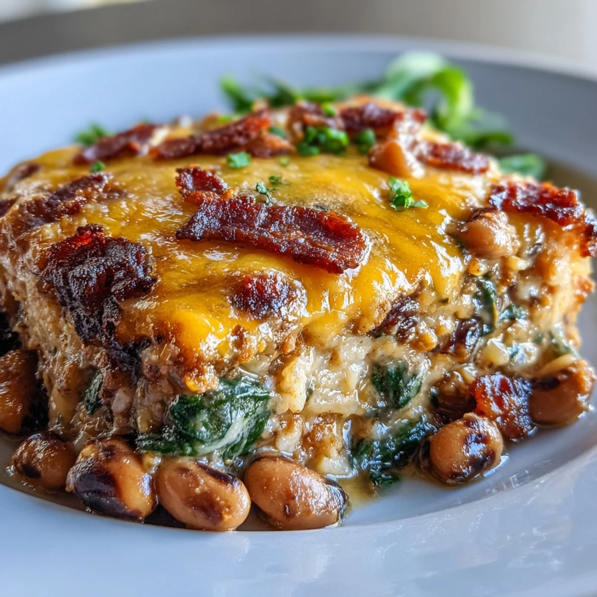 A hearty Tex Mex Black Eyed Pea Casserole topped with melted cheddar, served hot with fresh cilantro and sliced avocado.