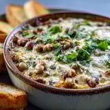 A baked ceramic dish of creamy Hot Black-Eyed Pea Dip, dotted with diced red onion and fresh cilantro garnish.