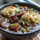 Golden, steaming dumplings peek out from a savory bowl of Black-Eyed Peas and Sausage, garnished with fresh parsley. 