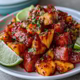 Vibrant mango, pineapple, and watermelon cubes with zesty lime and chili seasoning in colorful fruit cups.