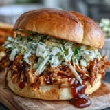 Juicy pulled BBQ chicken piled high on soft buns with tangy coleslaw and smoky barbecue sauce.  