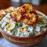 Tangy Fried Pickle Dip with cream cheese and ranch, garnished with fresh green onions.