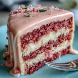 Close-up of gorgeous pink Rosé Velvet Cake with luscious frosting and gold.