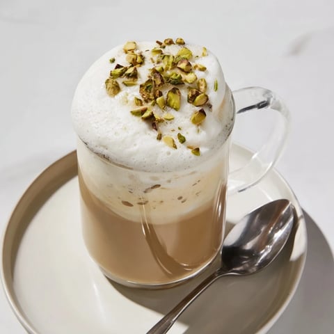 Steaming pistachio milk layered with espresso, topped with cloud-like cold foam for the perfect Pistachio Latte.
