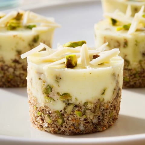 Mini Pistachio Cheesecake Bites boast a creamy pistachio filling and a crunchy, buttery crust, ready to enjoy.